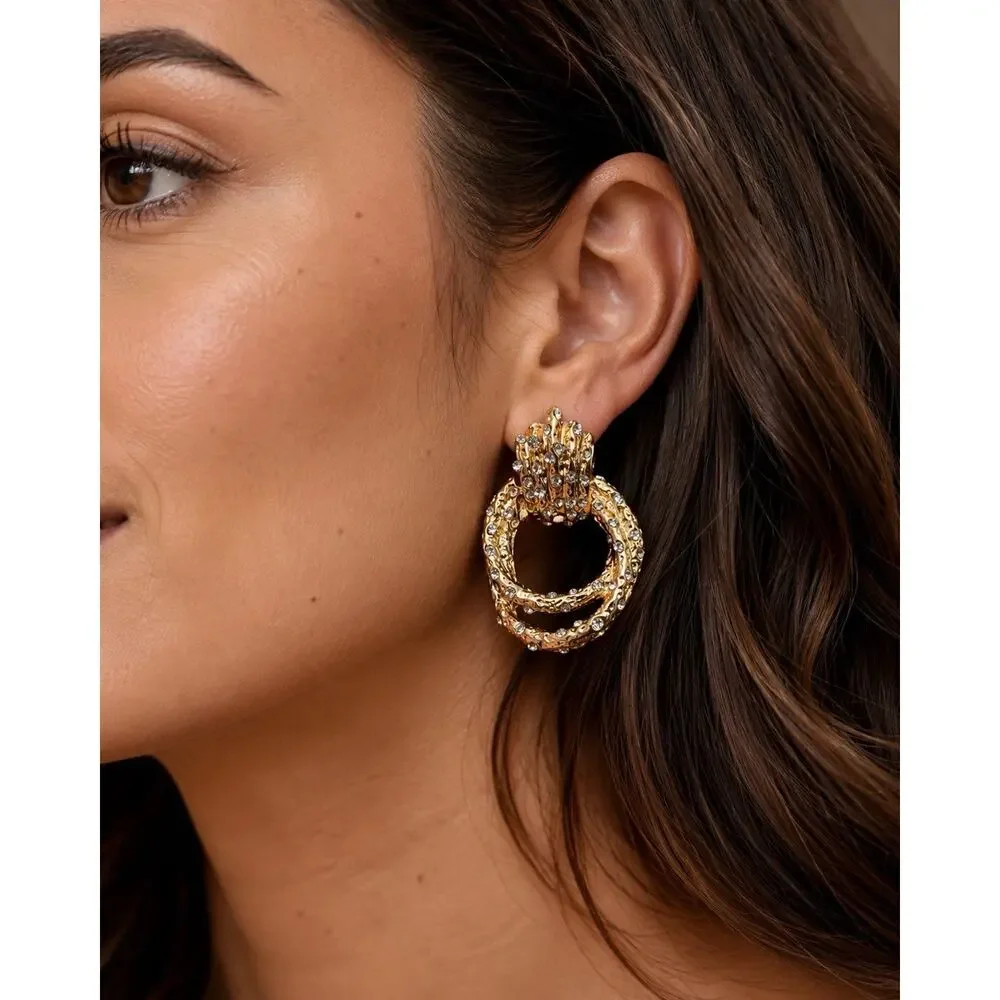 Ettika Hoop Crystal Buckle Pave Link Molten Earrings Boho Hammered CZ VTG - Picture 3 of 8